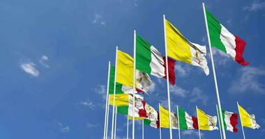 Vatican City and Italy Flags Waving Together in the Sky, Seamless Loop in Wind, Space on Left Side for Design or Information, 3D Rendering video