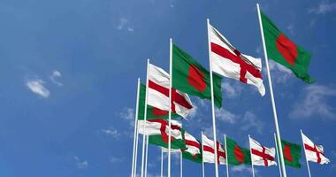 England and Bangladesh Flags Waving Together in the Sky, Seamless Loop in Wind, Space on Left Side for Design or Information, 3D Rendering video