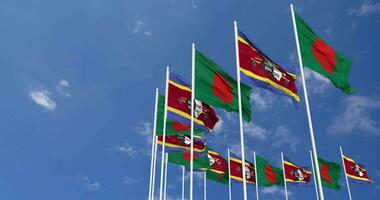 Eswatini and Bangladesh Flags Waving Together in the Sky, Seamless Loop in Wind, Space on Left Side for Design or Information, 3D Rendering video