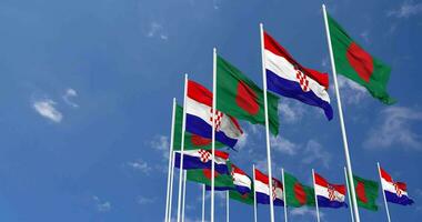 Croatia and Bangladesh Flags Waving Together in the Sky, Seamless Loop in Wind, Space on Left Side for Design or Information, 3D Rendering video