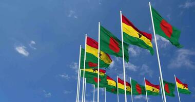 Ghana and Bangladesh Flags Waving Together in the Sky, Seamless Loop in Wind, Space on Left Side for Design or Information, 3D Rendering video