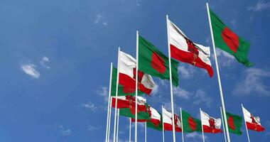 Gibraltar and Bangladesh Flags Waving Together in the Sky, Seamless Loop in Wind, Space on Left Side for Design or Information, 3D Rendering video