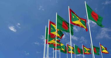 Grenada and Bangladesh Flags Waving Together in the Sky, Seamless Loop in Wind, Space on Left Side for Design or Information, 3D Rendering video