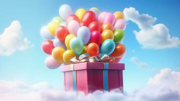 AI generated Gift box with colorful balloons on cloudy sky backgroud. Birthday anniversary, Party celebration photo