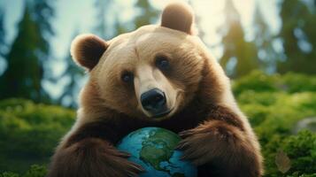 AI generated Bear Hugging Embracing Planet Globe Earth for Nature Protection, Earth Day, World Environment Day, Save th World. Zero Carbon Dioxide Emissions photo