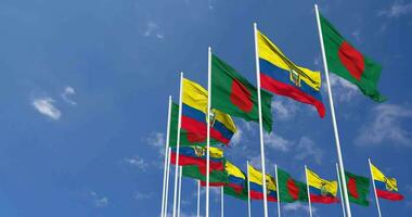 Ecuador and Bangladesh Flags Waving Together in the Sky, Seamless Loop in Wind, Space on Left Side for Design or Information, 3D Rendering video