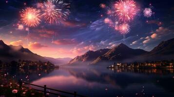 AI generated Wonderful colorful fireworks exploding on night sky backgroundwith free space for design, Happy new year or holiday celebration photo