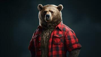 AI generated Studio shot of Bear wearing a red lumberjack shirt on dark background photo