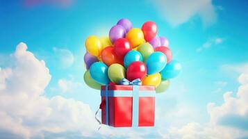 AI generated Gift box with colorful balloons on cloudy sky backgroud. Birthday anniversary, Party celebration photo