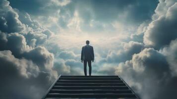 AI generated Businessman standing on top of stair cloudy sky background. Business goal and success concept, achievement, leadership photo