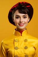 AI generated Studio portrait of happy young european woman wear traditional chinese costume on yellow background. Happy chinese new year photo