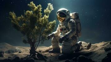 AI generated An astronaut plants a tree on moon. Science fiction, Space exploration photo