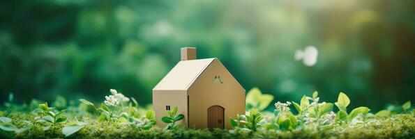 AI generated Eco friendly house on green nature bokeh background, Mini house on green grass photo