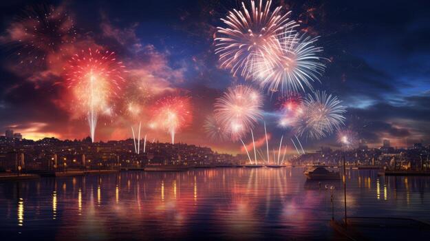 AI generated Wonderful colorful fireworks exploding on night sky backgroundwith free space for design, Happy new year or holiday celebration photo