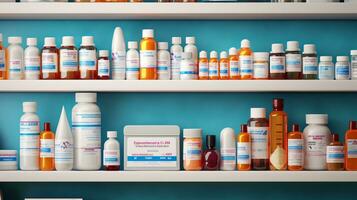 AI generated Pharmacy drugstore retail. Healthcare products, Medicine, Drugs, Vitamins, Wellness photo