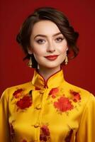 AI generated Studio portrait of happy young european woman wear traditional chinese costume on red background. Happy chinese new year photo
