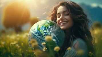 AI generated Happy Woman Hugging Planet Earth. Female Embracing Globe Earth for World Protection, Earth Day, World Environment Day, Save th World. Zero Carbon Dioxide Emissions photo