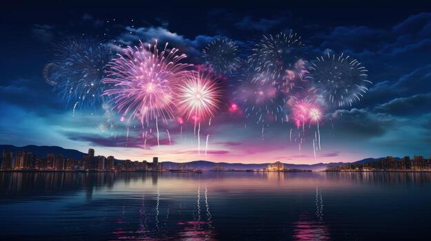 AI generated Wonderful colorful fireworks exploding on night sky backgroundwith free space for design, Happy new year or holiday celebration photo