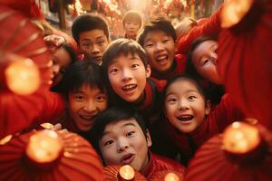 ai generado contento asiático niños celebrando chino nuevo año al aire libre foto