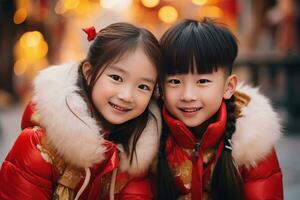 ai generado contento asiático niños celebrando chino nuevo año al aire libre foto