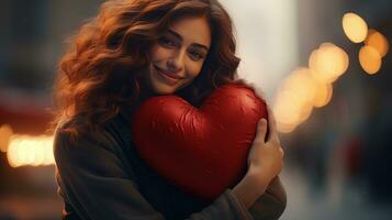 AI generated Happy Woman Hugging Red Heart. Female Embracing Heart for Valentines Celebration, In Love, Happy Valentine's Day photo