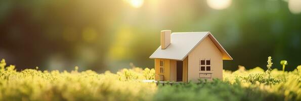 AI generated Eco friendly house on green nature bokeh background, Mini house on green grass photo