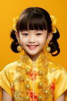 AI generated Studio portrait of happy asian girl wear traditional chinese costume on yellow background, Happy chinese new year. photo