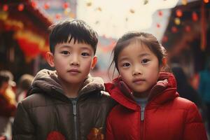 AI generated Happy Asian Kids Celebrating Chinese New Year Outdoors photo
