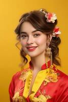 AI generated Studio portrait of happy young european woman wear traditional chinese costume on yellow background. Happy chinese new year photo