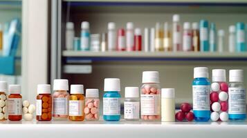 AI generated Pharmacy drugstore retail. Healthcare products, Medicine, Drugs, Vitamins, Wellness photo