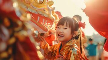ai generado contento asiático niño celebrando chino nuevo año al aire libre foto