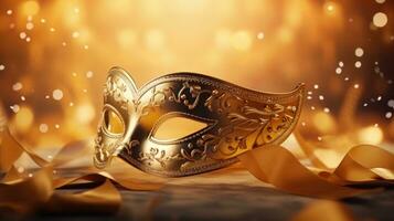 AI generated Golden carnival mask on beautiful bokeh background. Mardi gras party, Carnival festival celebration, Venetian mask, Masquerade disguise photo