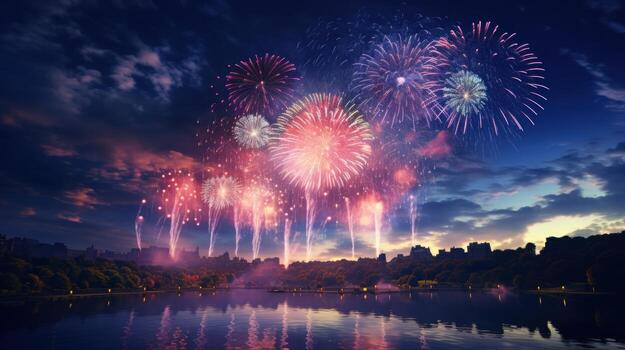 AI generated Wonderful colorful fireworks exploding on night sky backgroundwith free space for design, Happy new year or holiday celebration photo