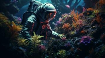AI generated An astronaut exploring and researching a variety of plants on other planet. Science fiction, Space photo