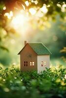 AI generated Eco friendly house on green nature bokeh background, Mini house on green grass photo