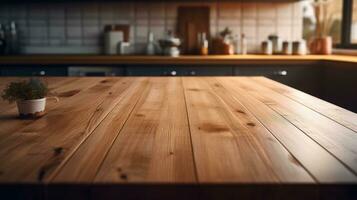 AI generated Empty wooden table in the kitchen for montage product display, showcase, presentation and design photo