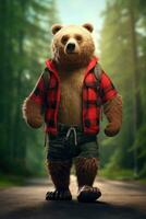 AI generated Bear wearing a red lumberjack shirt on green nature background photo