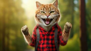 ai generado gato vistiendo un rojo leñador camisa en verde naturaleza antecedentes foto