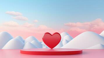 AI generated Red heart with cloudy blue sky background. Valentine's day sale banner, Happy valentines scene for products showcase photo