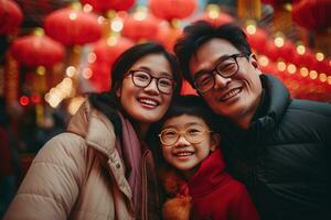 ai generado contento asiático familia celebrando chino nuevo año al aire libre foto