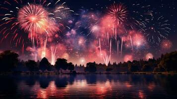 AI generated Wonderful colorful fireworks exploding on night sky backgroundwith free space for design, Happy new year or holiday celebration photo