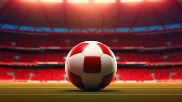 AI generated Ball on green grass in soccer stadium, Football banner illustration. Soccer field photo