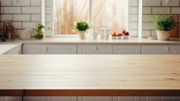 AI generated Empty wooden table in the kitchen for montage product display, showcase, presentation and design photo