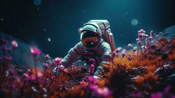AI generated An astronaut exploring and researching a variety of plants on other planet. Science fiction, Space photo