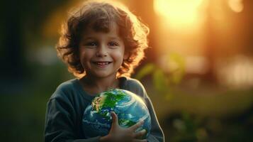 AI generated Happy Kid Hugging Planet Earth. Boy Embracing Globe Earth for World Protection, Earth Day, World Environment Day, Save th World. Zero Carbon Dioxide Emissions photo