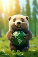 ai generado oso abrazando abrazando planeta globo tierra para naturaleza proteccion, tierra día, mundo ambiente día, salvar th mundo. cero carbón dióxido emisiones foto
