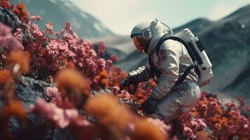 AI generated An astronaut exploring and researching a variety of plants on other planet. Science fiction, Space photo