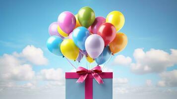 AI generated Gift box with colorful balloons on cloudy sky backgroud. Birthday anniversary, Party celebration photo