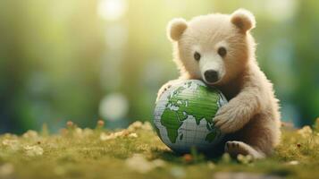 AI generated Bear Hugging Embracing Planet Globe Earth for Nature Protection, Earth Day, World Environment Day, Save th World. Zero Carbon Dioxide Emissions photo