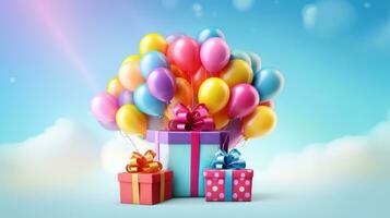 AI generated Gift box with colorful balloons on cloudy sky backgroud. Birthday anniversary, Party celebration photo